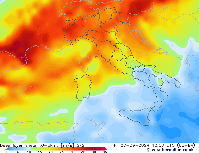 Deep layer shear (0-6km) GFS ven 27.09.2024 12 UTC