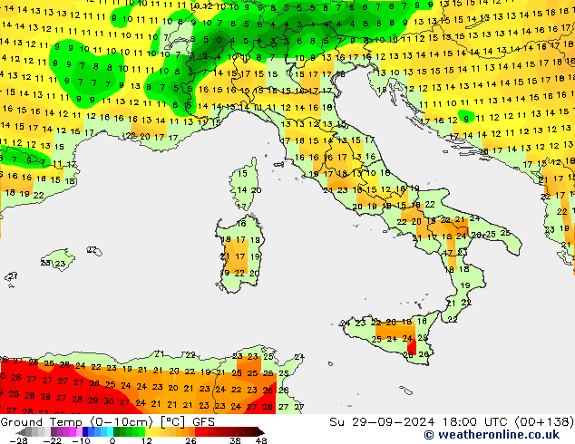 Temp. al suolo (0-10cm) GFS dom 29.09.2024 18 UTC