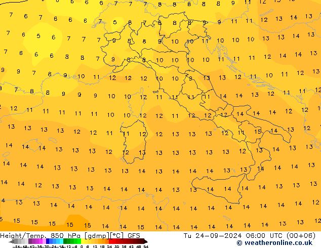 Height/Temp. 850 hPa GFS  24.09.2024 06 UTC