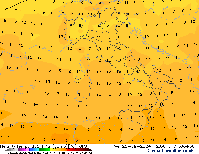 Height/Temp. 850 hPa GFS Mi 25.09.2024 12 UTC