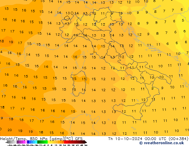 Géop./Temp. 850 hPa GFS jeu 10.10.2024 00 UTC