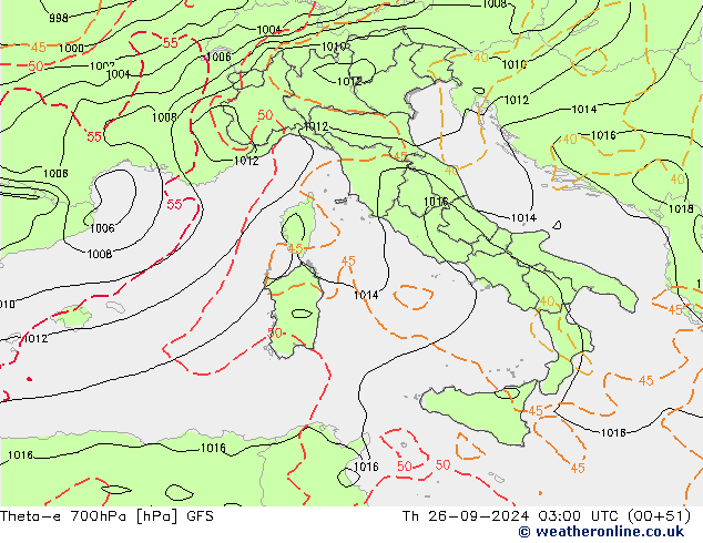 Theta-e 700hPa GFS czw. 26.09.2024 03 UTC