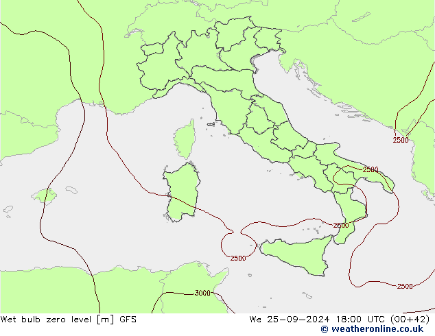 Wet bulb zero level GFS We 25.09.2024 18 UTC