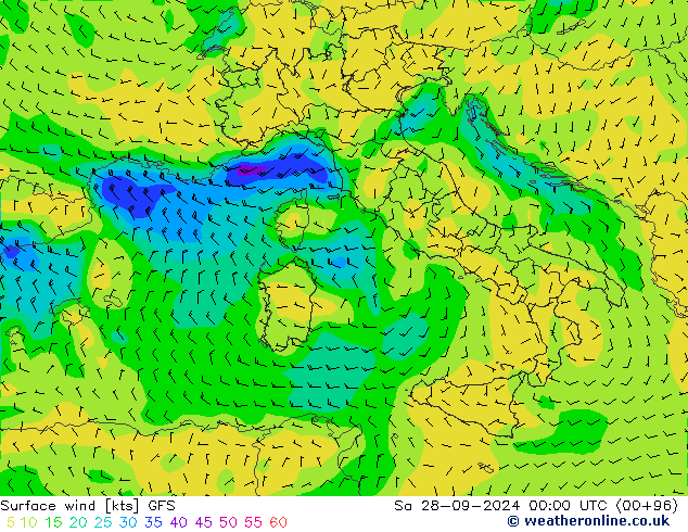ветер 10 m GFS сб 28.09.2024 00 UTC