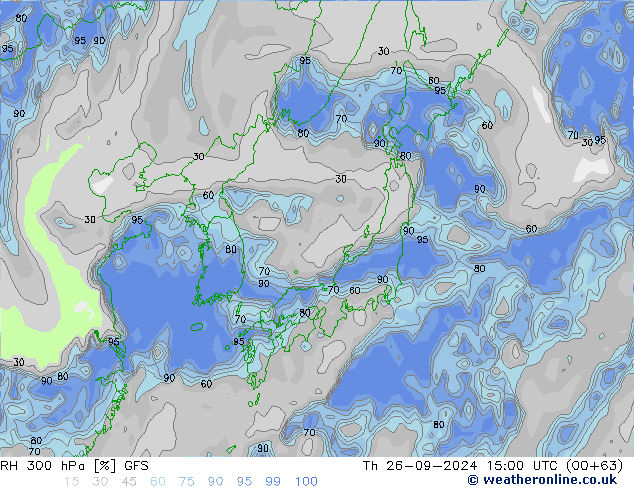 Humidité rel. 300 hPa GFS jeu 26.09.2024 15 UTC