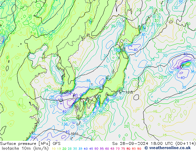 Isotaca (kph) GFS sáb 28.09.2024 18 UTC