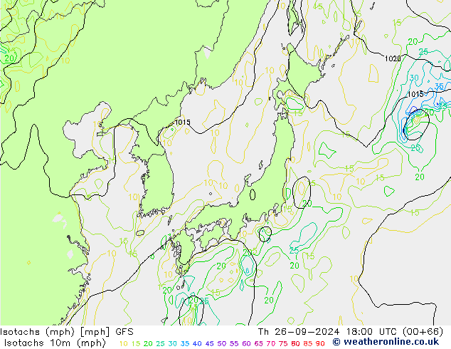 Isotaca (mph) GFS jue 26.09.2024 18 UTC