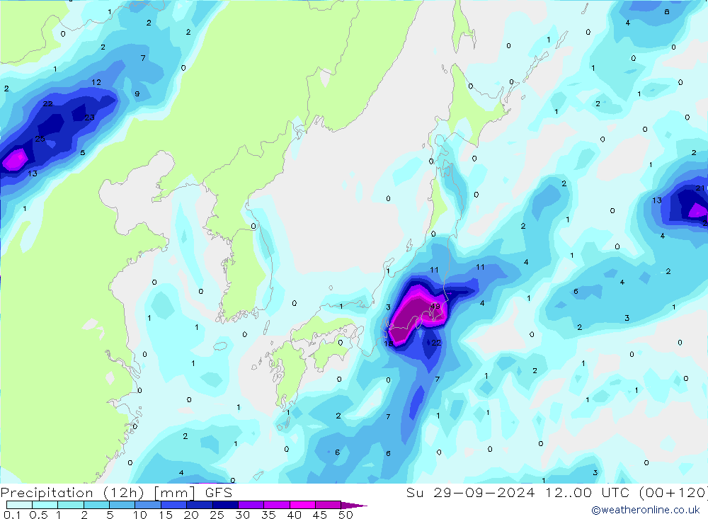 Precipitation (12h) GFS Su 29.09.2024 00 UTC