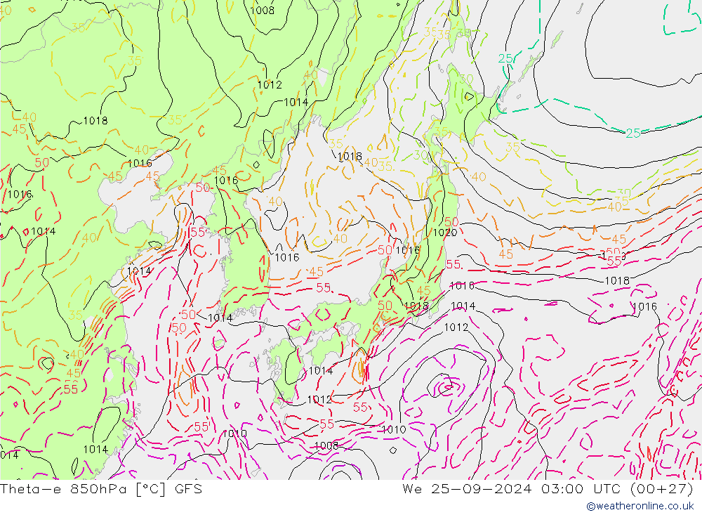 Theta-e 850hPa GFS We 25.09.2024 03 UTC