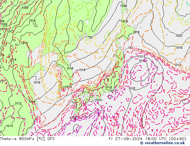 Theta-e 850hPa GFS Fr 27.09.2024 18 UTC