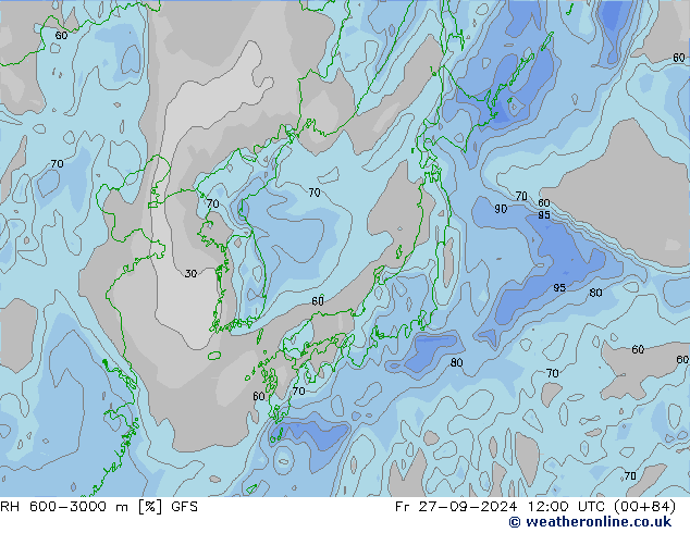 RH 600-3000 m GFS ven 27.09.2024 12 UTC