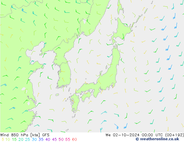 Rüzgar 850 hPa GFS Çar 02.10.2024 00 UTC