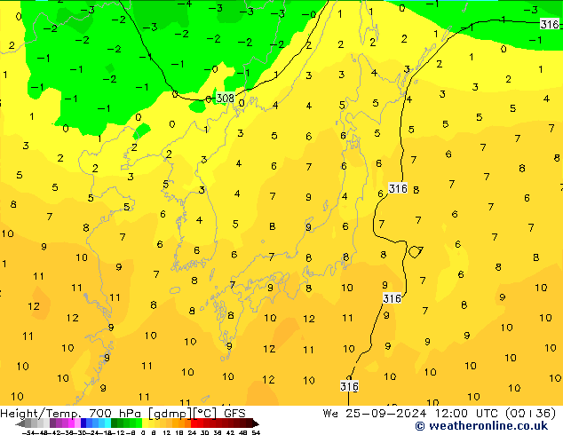 Height/Temp. 700 hPa GFS We 25.09.2024 12 UTC