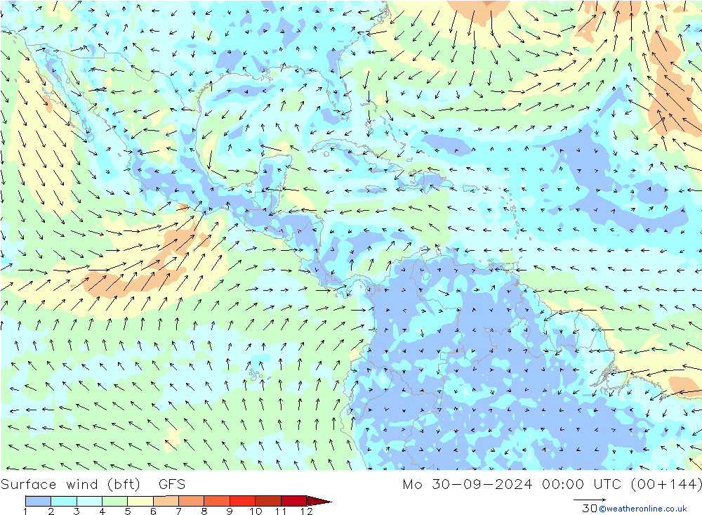 Surface wind (bft) GFS Mo 30.09.2024 00 UTC