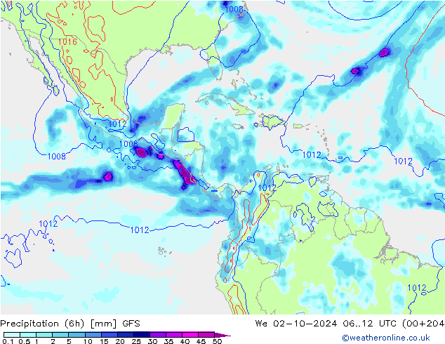 Precipitation (6h) GFS We 02.10.2024 12 UTC