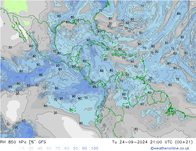 RH 850 hPa GFS Út 24.09.2024 21 UTC