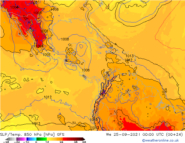 SLP/Temp. 850 hPa GFS Qua 25.09.2024 00 UTC