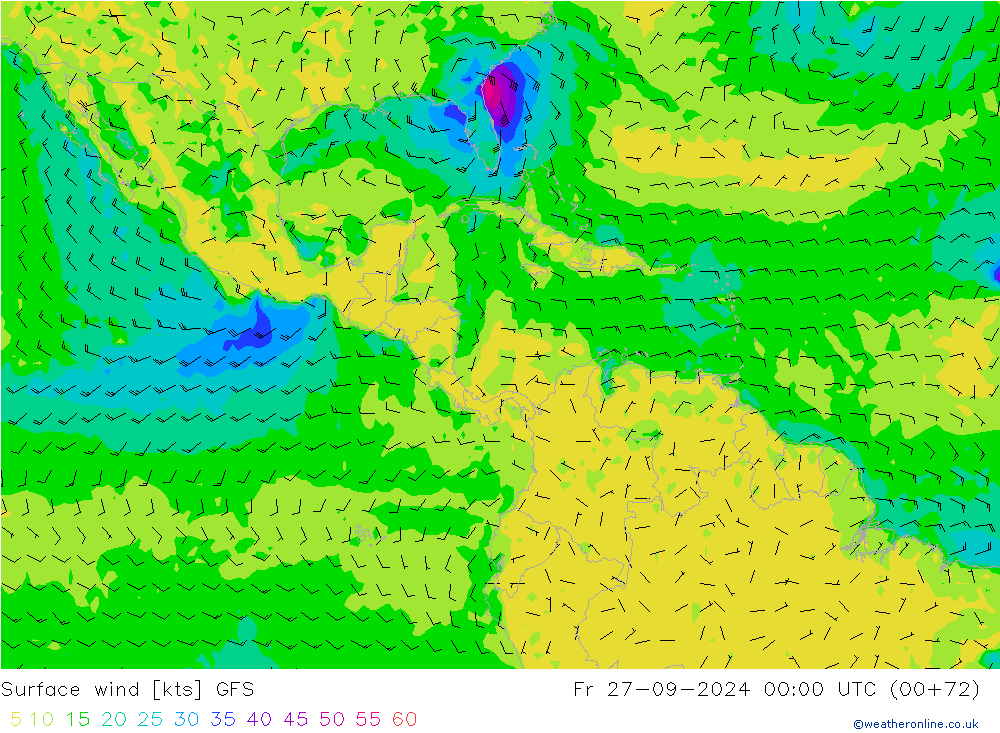 Viento 10 m GFS vie 27.09.2024 00 UTC