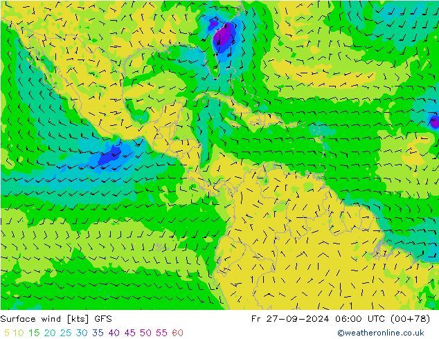 wiatr 10 m GFS pt. 27.09.2024 06 UTC