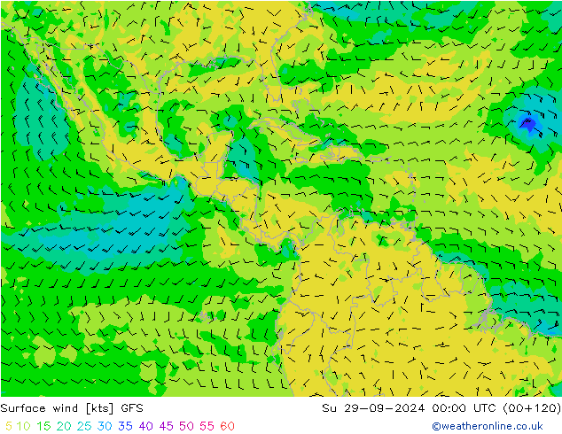 wiatr 10 m GFS nie. 29.09.2024 00 UTC