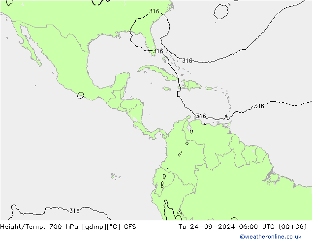 Height/Temp. 700 hPa GFS wto. 24.09.2024 06 UTC