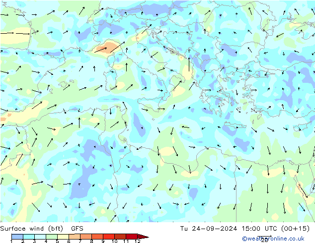 Surface wind (bft) GFS Tu 24.09.2024 15 UTC