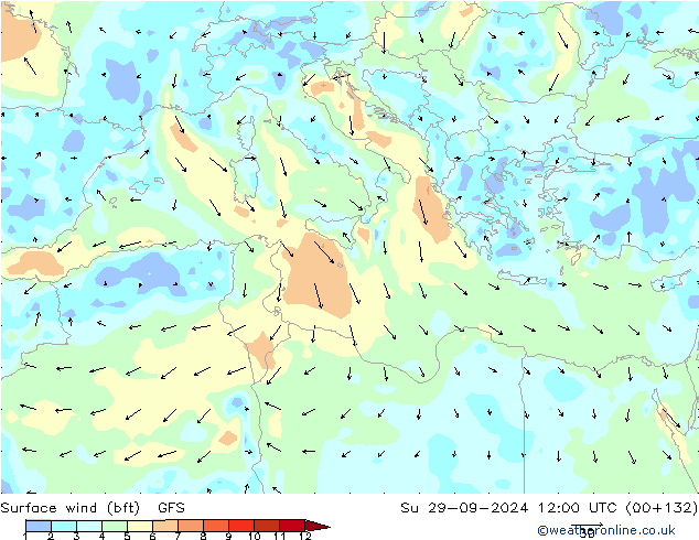 Surface wind (bft) GFS Su 29.09.2024 12 UTC