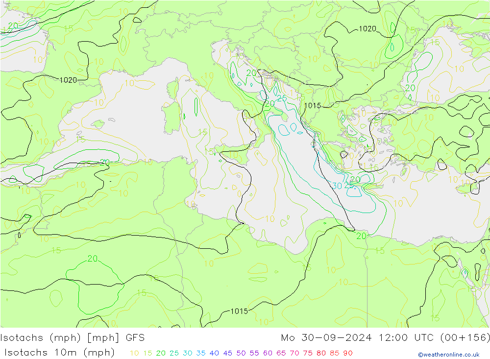 Isotachs (mph) GFS lun 30.09.2024 12 UTC