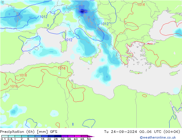 Prec 6h/Wind 10m/950 GFS  24.09.2024 06 UTC