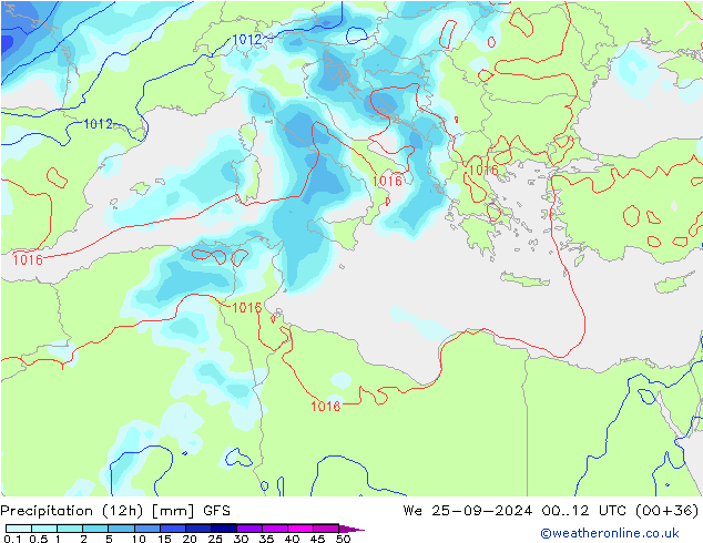 Totale neerslag (12h) GFS wo 25.09.2024 12 UTC