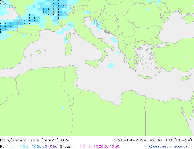 Rain/Snowfall rate GFS czw. 26.09.2024 06 UTC