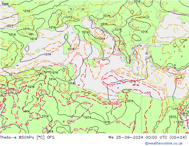 Theta-e 850hPa GFS We 25.09.2024 00 UTC