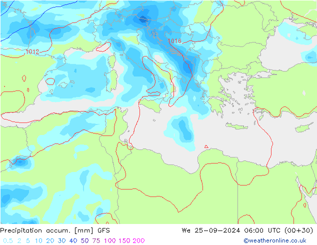 Precipitation accum. GFS We 25.09.2024 06 UTC