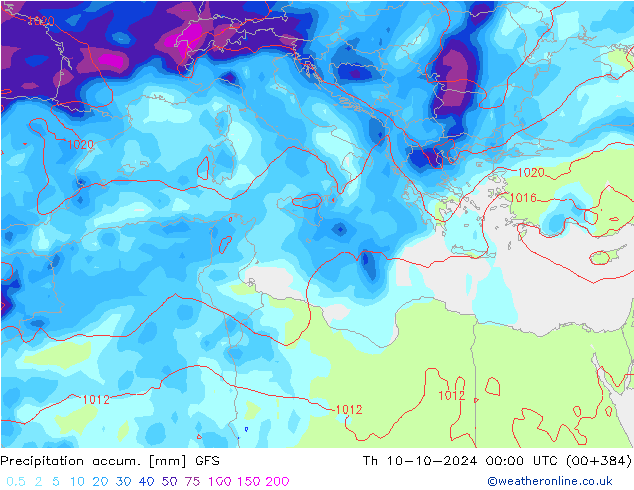 Precipitation accum. GFS czw. 10.10.2024 00 UTC