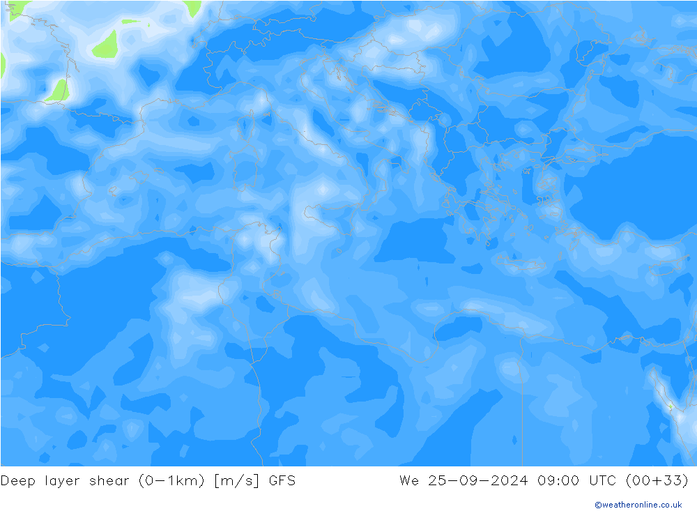 Deep layer shear (0-1km) GFS  25.09.2024 09 UTC