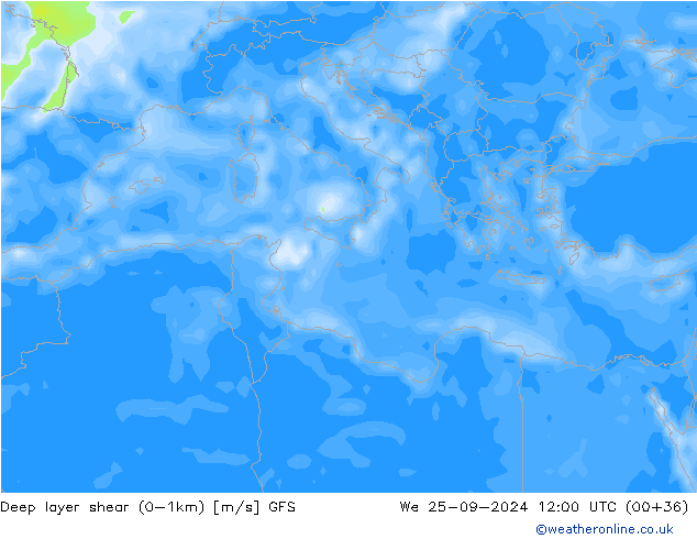 Deep layer shear (0-1km) GFS mer 25.09.2024 12 UTC