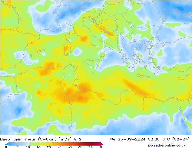 Deep layer shear (0-6km) GFS mer 25.09.2024 00 UTC