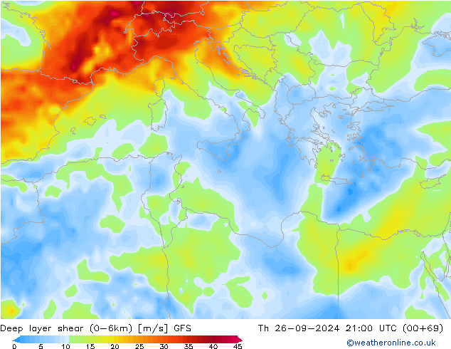 Deep layer shear (0-6km) GFS gio 26.09.2024 21 UTC