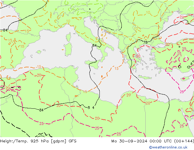 Géop./Temp. 925 hPa GFS lun 30.09.2024 00 UTC