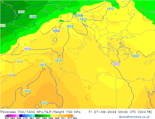 Thck 700-1000 hPa GFS pt. 27.09.2024 06 UTC