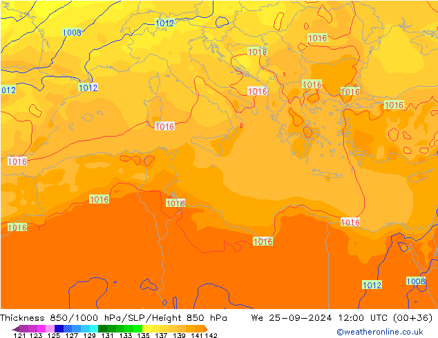 Thck 850-1000 hPa GFS We 25.09.2024 12 UTC