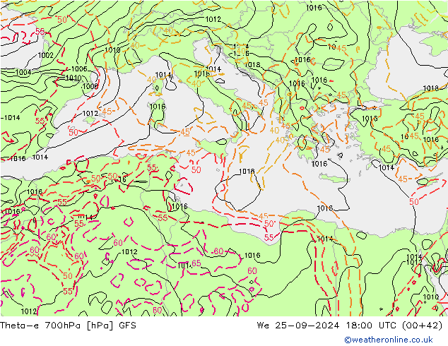 Theta-e 700гПа GFS ср 25.09.2024 18 UTC