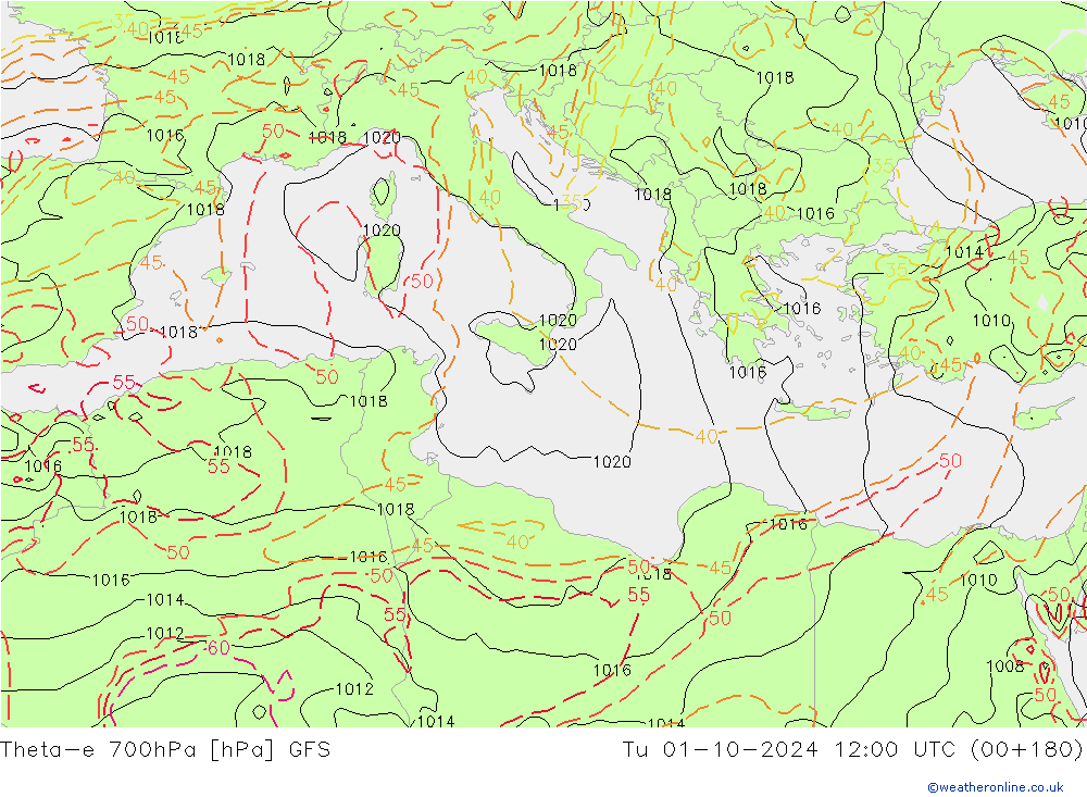 Theta-e 700гПа GFS вт 01.10.2024 12 UTC