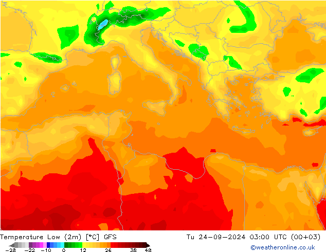 Temp. minima (2m) GFS mar 24.09.2024 03 UTC