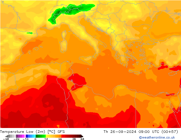 Temperatura mín. (2m) GFS jue 26.09.2024 09 UTC