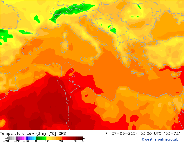 Temperature Low (2m) GFS Fr 27.09.2024 00 UTC