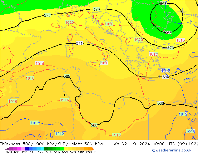 Dikte 500-1000hPa GFS wo 02.10.2024 00 UTC