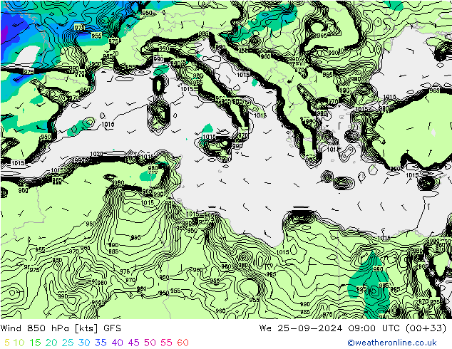 Wind 850 hPa GFS We 25.09.2024 09 UTC