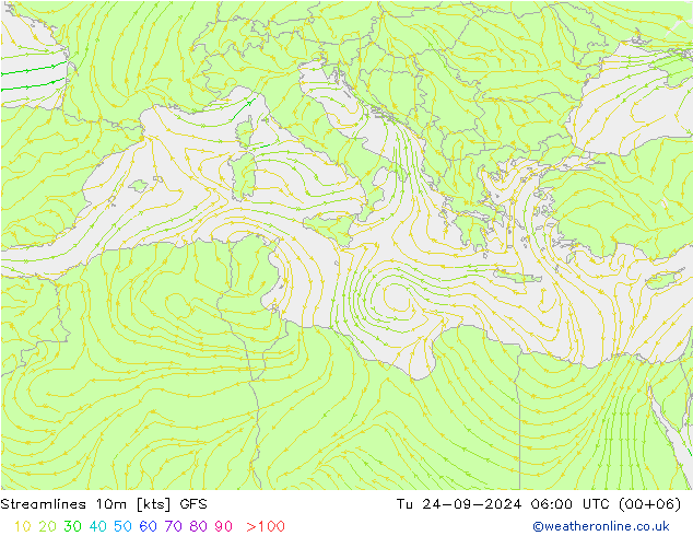 Linea di flusso 10m GFS mar 24.09.2024 06 UTC