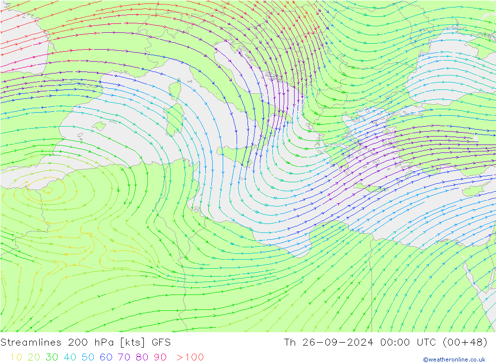 Linea di flusso 200 hPa GFS gio 26.09.2024 00 UTC